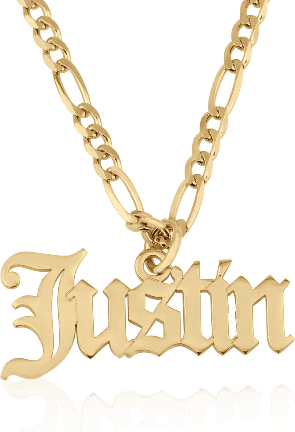 Beleco Jewelry Personalized Name Necklace With Figaro Chain in Sterling Silver 925 or Gold/Rose Plated 18k - Custom Name Jewelry - 15 Font Style - Old English Name Gothic Font: Clothing