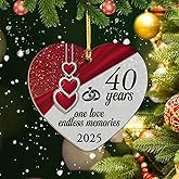 40th Anniversary Ornament 2025, Heart Shaped Christmas Decoration with Red Hearts and Wedding Rings, “One Love Endless Memories” Keepsake Gift for Couples, Parents, Husband and Wife