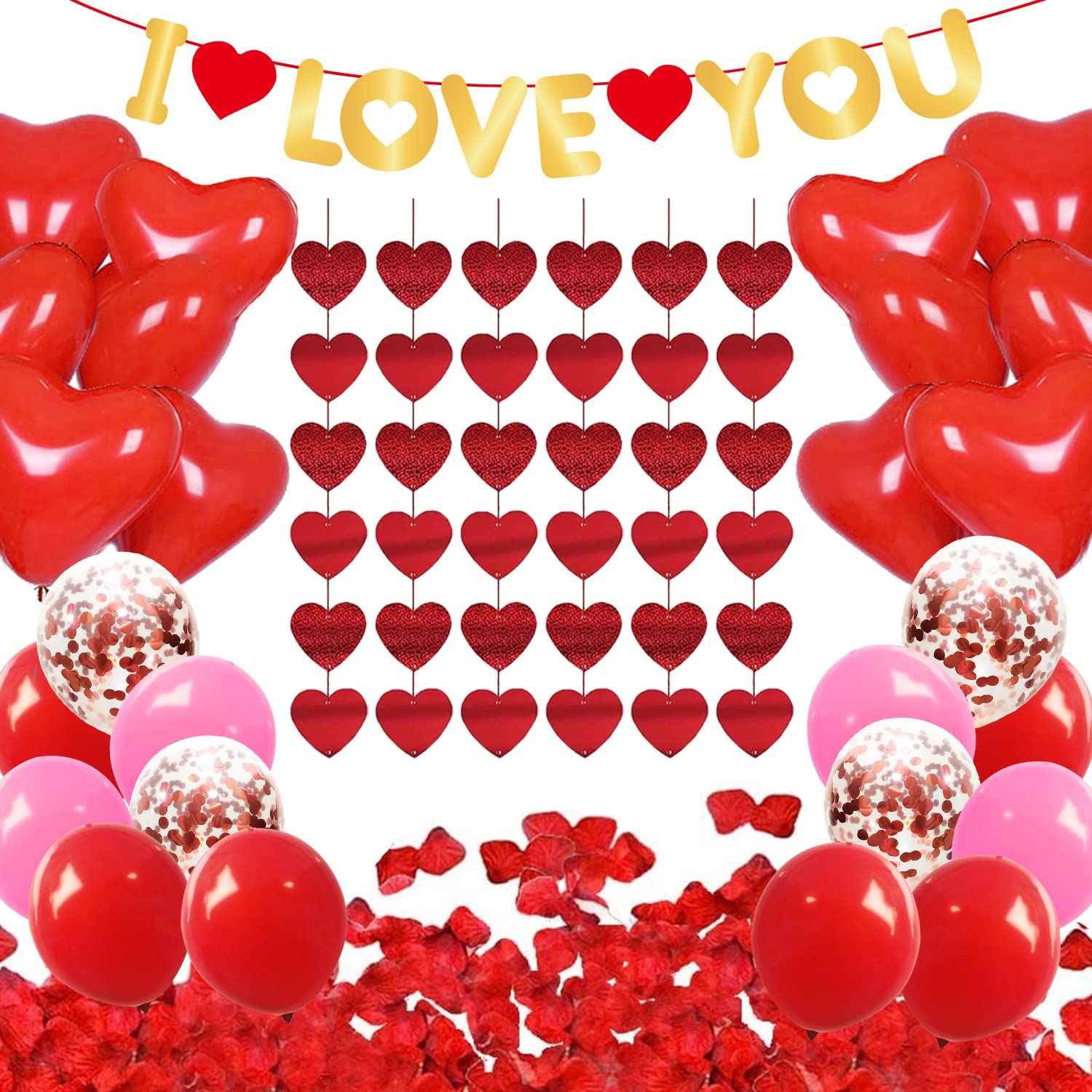 Valentines Day Decorations Kit 6 PCS Red Glitter Heart Garland,I Love You Banner, 1000pcs Rose Petals,Red Heart Balloons for Valentine's day Wedding Anniversary Valentines Decor