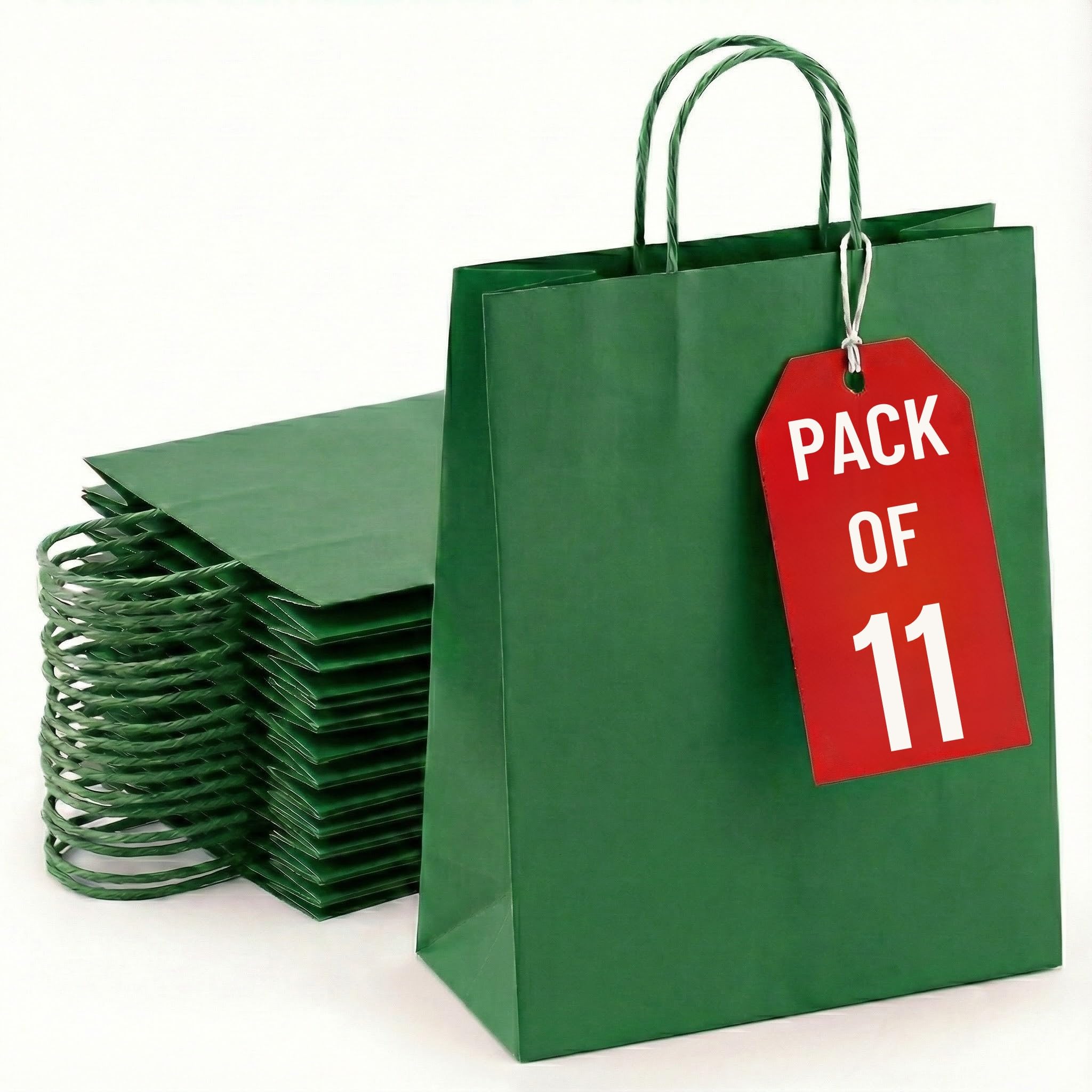 XSMALL 11 Pcs Paper party bags for kids party - Gift bags for presents with twisted handles - Green gift bag Ideal for Christmas, Kids Parties, Birthdays, Weddings, Baby Showers (24×18×8 CM)