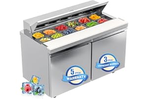 KICHKING 48”W Commercial Refrigerators 13 Cu.ft Sandwich&Salad Prep Table Stainless Steel Counter 2 Doors Fan Cooling Refrigerator 12Pans for Salad Bars, Quick- Service Restaurant