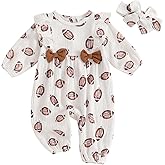 Newborn Baby Girl Football Outfit Rugby Print Ruffle Jumpsuit Puff Sleeve Linen Romper Headband Fall Clothes 0-12M