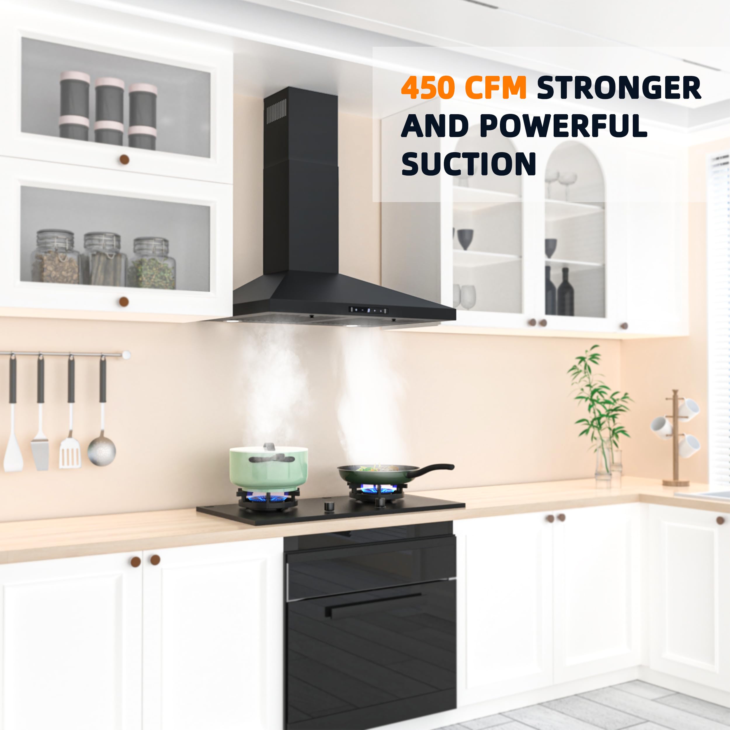 FIREGAS Black Range Hood 30 inch, 450 CFM Wall Mount Range Hood with Ducted/Ductless Convertible, Gesture Sensing Control & Touch Control Kitchen Hood Vent, Baffle Filters, Charcoal Filters