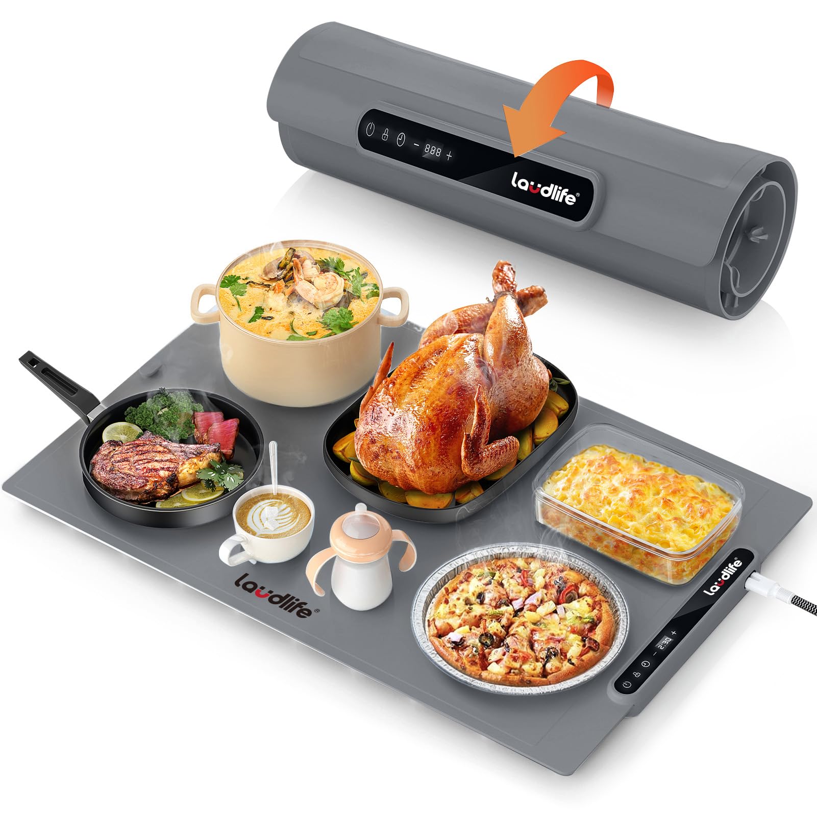 Laudlife Electric Warming Mat for Food, Roll-Up Silicone Heating Pad with 7 Adjustable Tempmaster Levels, Foldable Warming Tray for Countertop,Buffet Party, Kitchen & Home, Child Lock, Dark Grey Image