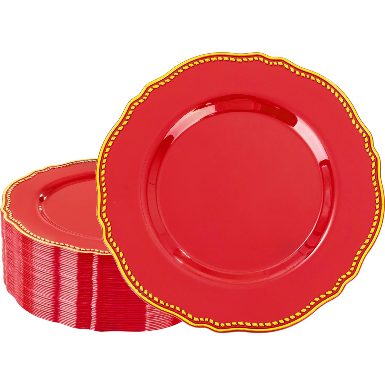 Hioasis 60pcs Red Plastic Plates - Red and Gold Disposable Dinnerware with Gold Rim, Heavy-duty, 10.25 inch, Dinner Plates for Party & Wedding Image