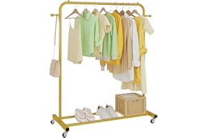 Sywhitta Clothing Rack on Wheels with Storage Shelf & Sturdy Metal Frame, Retail Clothing Rack for Hanging Clothes, Coats, Skirts,Space-Saving Mobile Organizer for Closet, Bedroom, Laundry Room, Gold