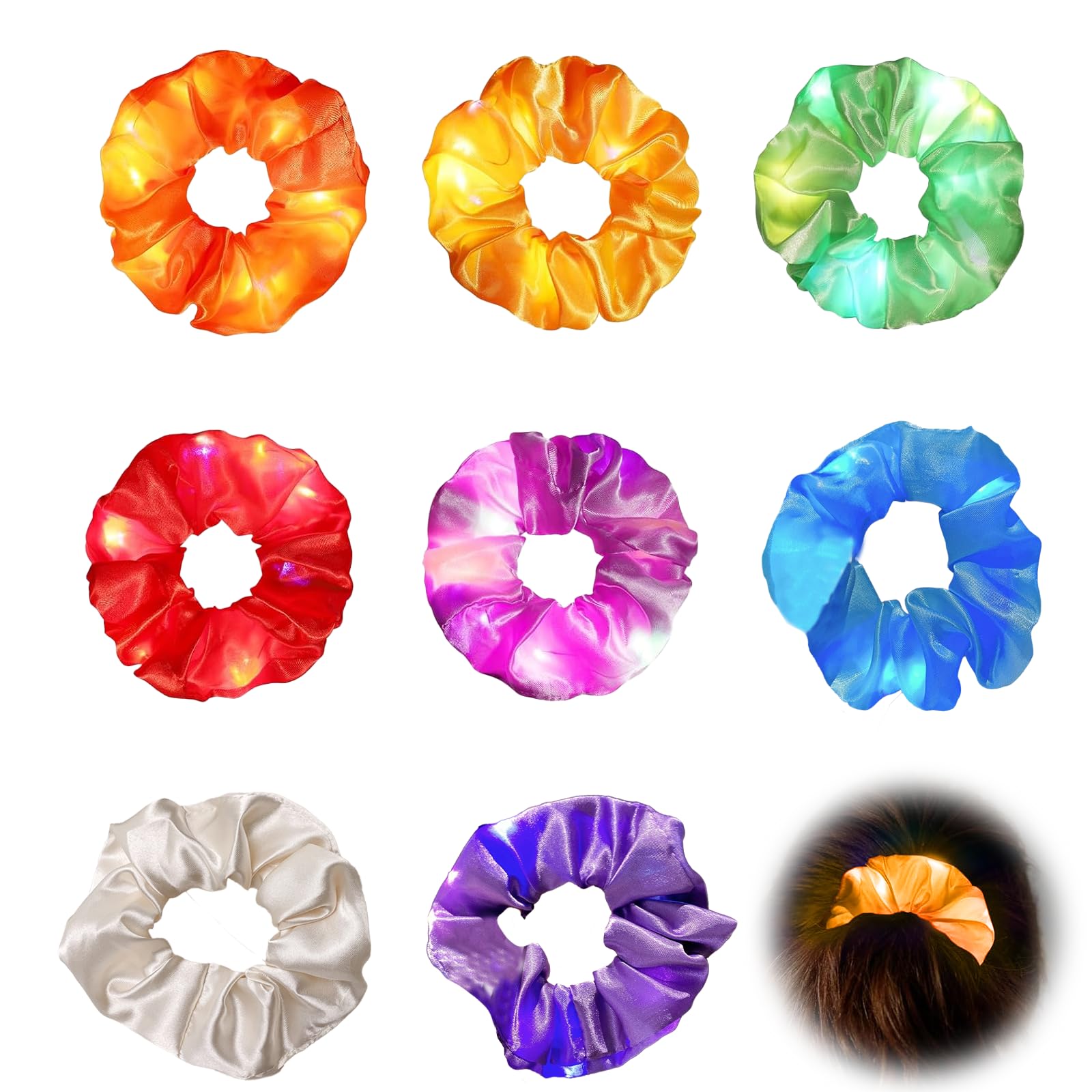 COWANIEE 8 PCS LED Hair Scrunchies, Luminous Light Up Elastic Hair Bands, Hair Ties 3 Colors Light Modes for Women Girls Halloween Rave Glow Party