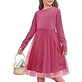 Yousify Girls Ribbed Tutu Dress Kids Long Sleeve Star Sequin Tulle Dress Birthday Party Dresses 5-14 Years