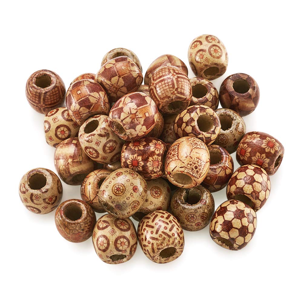 PandaHall 200pcs Printed Wooden Beads 16x17x17mm Large Hole Barrel Natural Wood Spacer Loose Beads for DIY Crafting Jewelry Making Beading Hair Decoration, Hole: 7mm