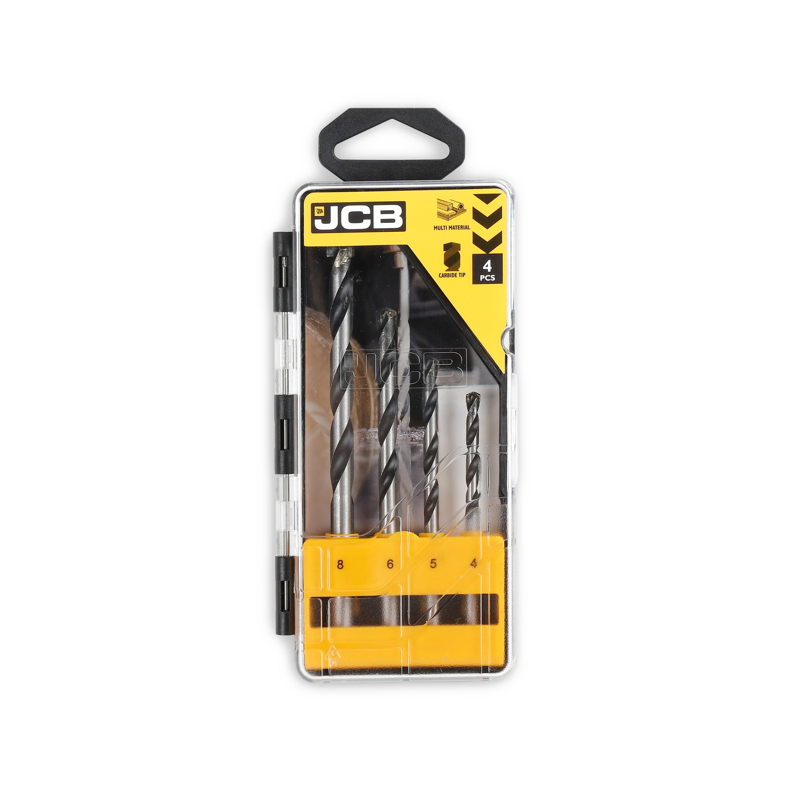 JCB Multi Purpose Drill Bits 4,5,6,8 mm Steel Carbide Tip for Masonry, Metal and Wood, 4-Pieces, 3 year warranty