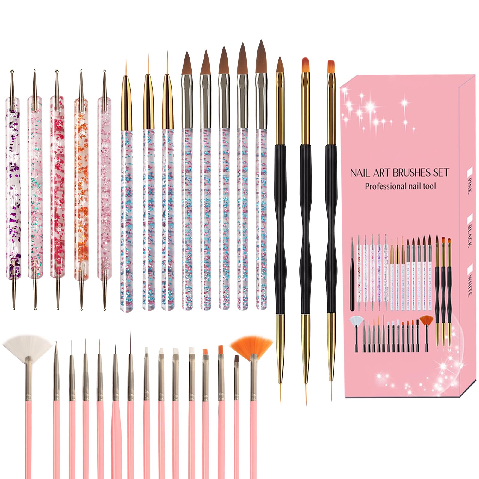 31Pcs Nail Art Brushes Set, Professional Nail Brush Dotting Tools Kit, Nail Striper Brush Acrylic Nail Brush Nail Painting Brush Fine Line Nail Brushes Nail Dust Brush for DIY (N31 Pink)