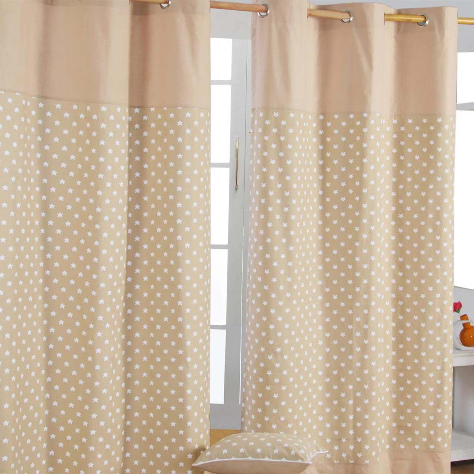 HOMESCAPES 100% Cotton Unlined Eyelet Curtain Pair - Stars - Beige - 137cm (54") Wide x 228cm (90") Drop