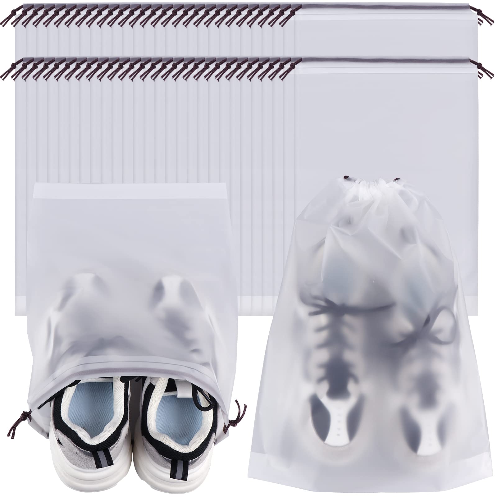 TBoxBo 64 Pieces Transparent Shoe Bags Plastic Clear Drawstring Bags Travel Garments Organizing Storage Plastic Bags,Gift Wrapping for Men and Women, White