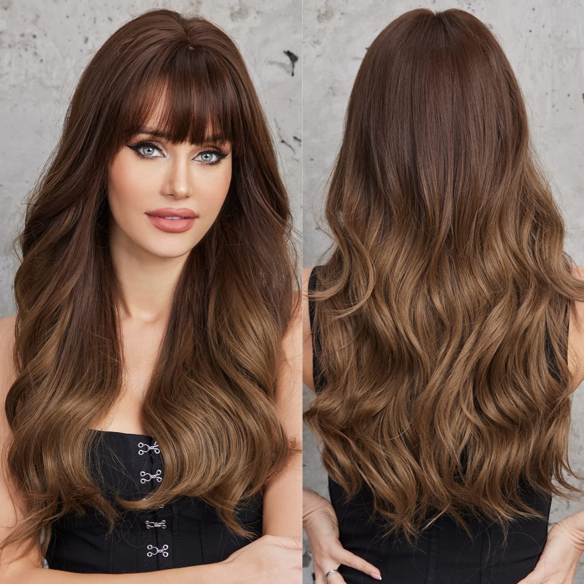 EMMOR Ombre Wavy Wigs, Women Long Curly Synthetic Wigs with Dark Root and Heat Resistance