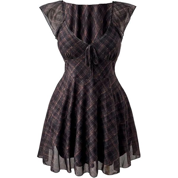 EsEiCo Women's Plaid Print Knotted Front Lace Trim Mini Dress Cap Sleeve  Flared A-Line Short Dresses for Women Black and White, X-Small at Amazon  Women's Clothing store
