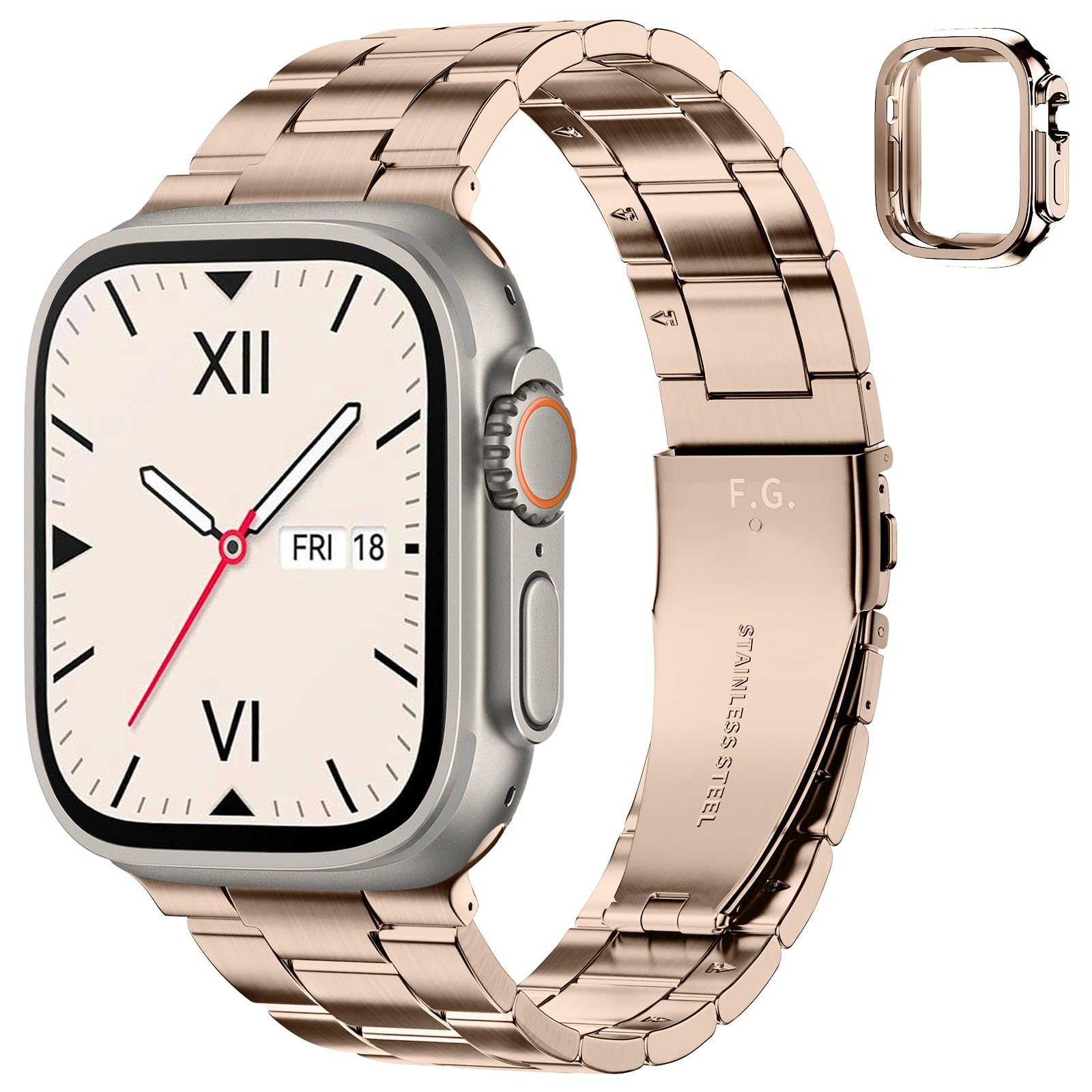 Fullmosa Compatible With Apple Watch Straps for Ultra 3 2 1, Upgraded Version Stainless Steel iWatch Strap with Case 49mm for Women Men, Rose Gold