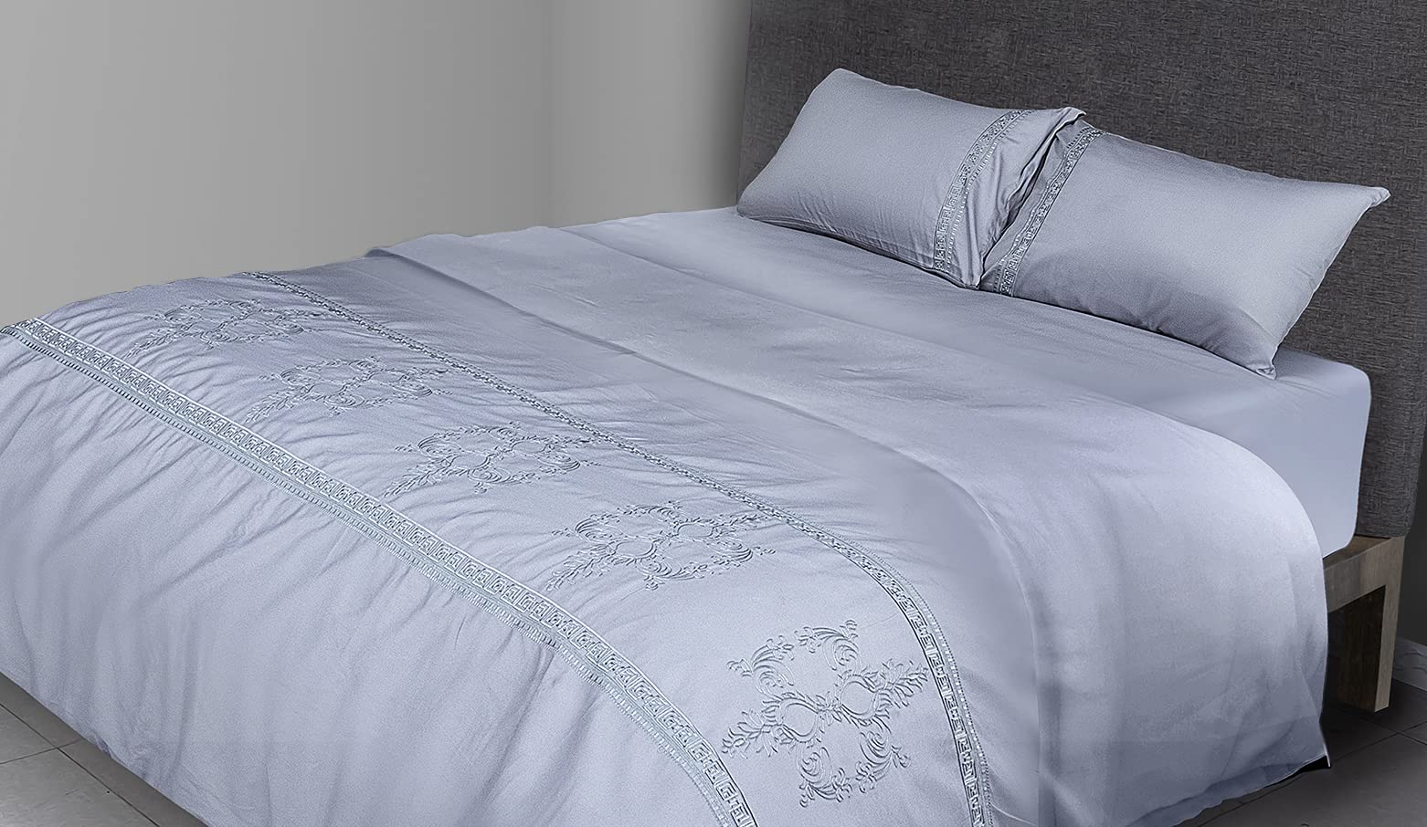 FLAX LINEN 4-Piece Super King Duvet Set, Priscilla Silver Collection, 400 TC Long Staple Organic Egyptian Cotton Bedding, Includes 1 Duvet Cover + 1 Fitted Sheet + 2 Pillowcases, Grey