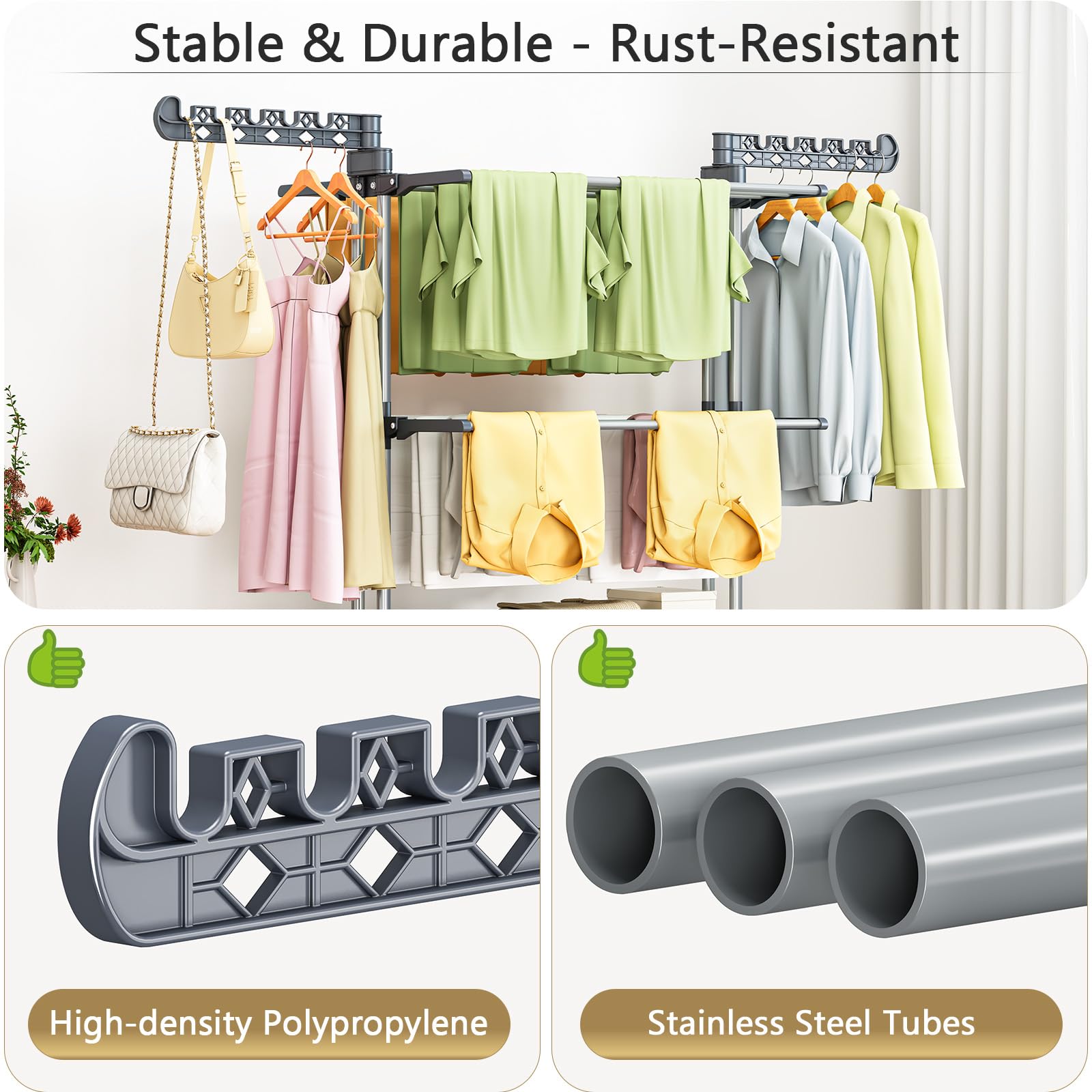 PurKeep Thicken & Durable Clothes Airer, Extra Large 4-Tier Capacity Foldable Clothes Drying Rack with Wheels, Stainless Steel Clothes Horse for Indoor/Outdoor Use in Bedroom, Laundry Room