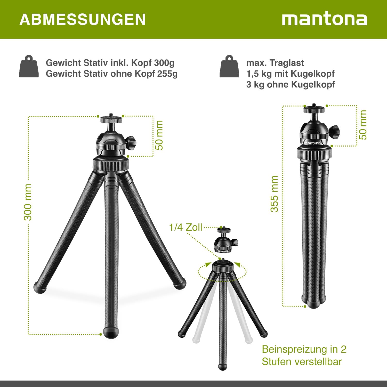 Mantona Gibbo Flex Ministativ 30 cm, Kamera Stativ mit flexiblen Beinen, Dreibein Reisestativ mit 360° Kugelkopf, Smartphonehalterung und Halterung kompatibel mit GoPro 4