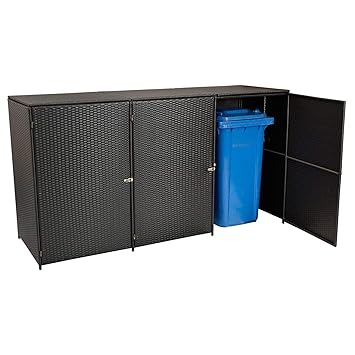 Gartenmoebel Mülltonnenbox für 3 Tonnen klein 66x189x109cm bis 120 Liter, Stahl + Polyrattan Mocca Mülltonnenaufbewahrung