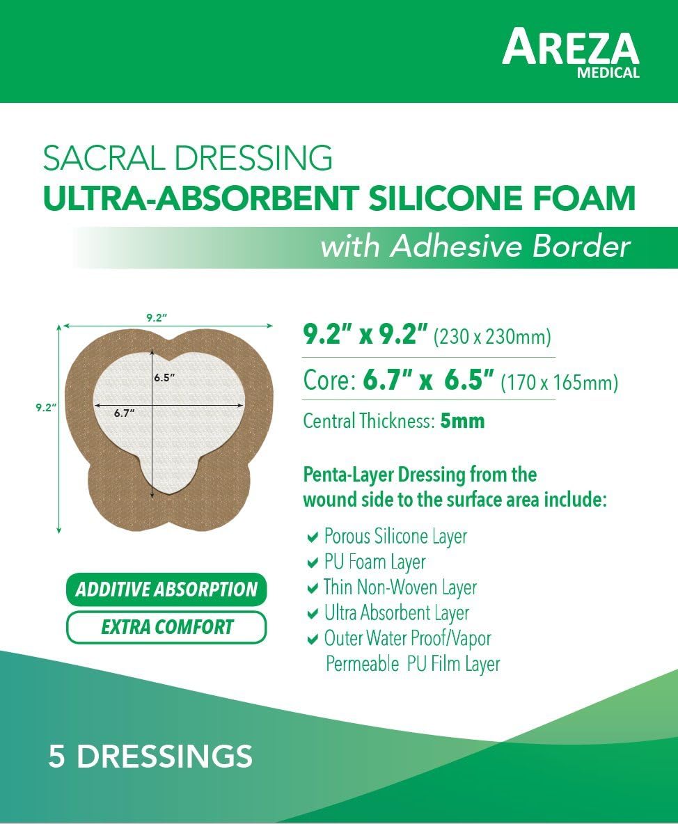 Sacral Superabsorbent Silicone Foam Dressing 9.2" X 9.2" Box of 5; Wound Dressing By Areza Medical: Health & Personal Care