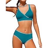 KANGKANG Girls Swimsuit Bikini Set Solid Color V-Neck Two Piece Bathing Suit with Chest Pad Adjustable Straps Swimwear 7-16T