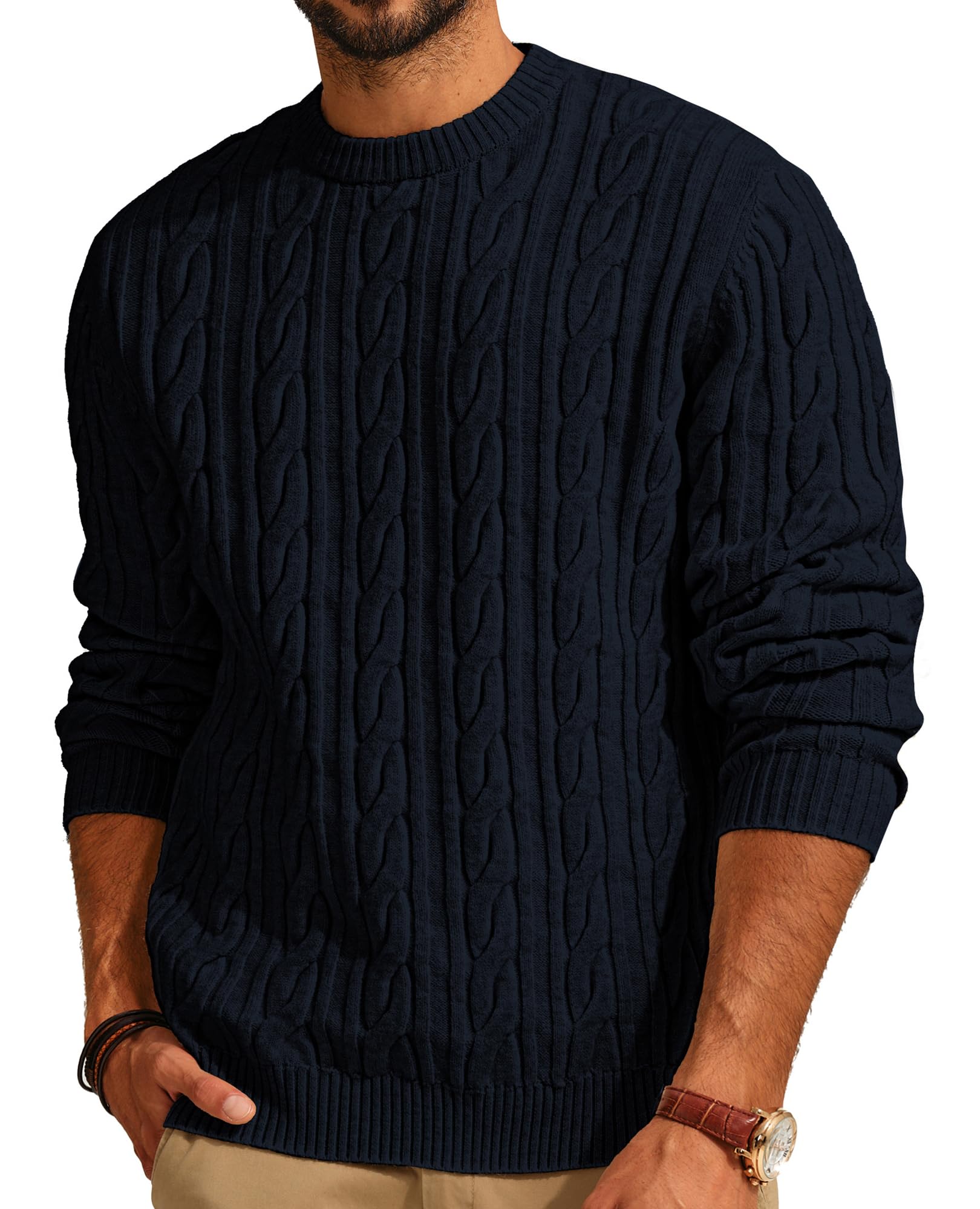 PJ PAUL JONES Cable Knit Sweater Men Crewneck Long Sleeve Casual Pullover Fall Navy Blue M Image
