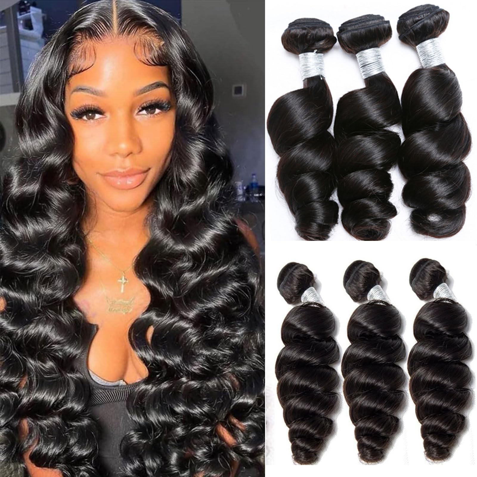 Huarisi Human Hair Loose Wave Bundles 20 22 24 inch 100% Unprocessed Virgin Brazilian Remy Hair Loose Wave 3 Bundles Real Hair Extensions Sew in Weaves Double Weft for Black Women — image 1