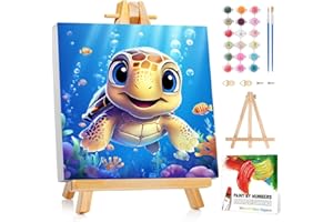 Reivworl Paint by Numbers Kit for Kids with Frame and Easel, Sea Turtles Paint by Number for Kids Age 6-8-12, Acrylic Paint by Numbers for Gifts and Home Decor (8X8inch)