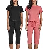 Real Essentials 2 Pack: Women's Cotton Short Sleeve Top and Capri Pants Pajama Lounge PJ Sets with Pocket (Available In Plus)