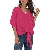 VIISHOW Womens Tie Front Chiffon Blouses V Neck Batwing Short Sleeve Summer Tops Shirts