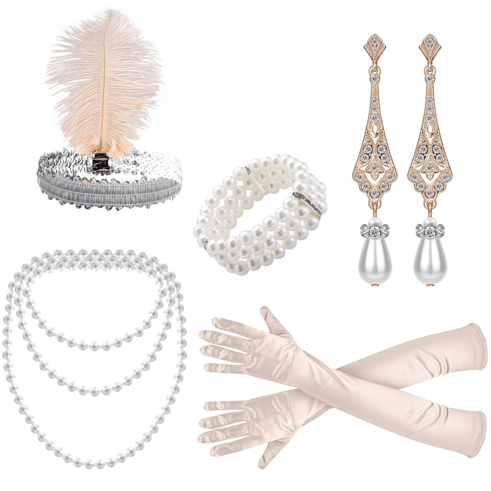 BDSHUNBF 5 Pieces 1920s accessories for women, 1920 Accessories Set, Great Gatsby Accessories Women, 1920s Fashion Flapper Headband, Roaring 20's Theme Flapper Costume Gatsby Accessories Set