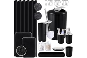 XLHOMO 24 PCS Black Bathroom Accessories Set with Shower Curtain and Rugs, Bathroom Sets with Extra Soft and Absorbent Bath Rugs Shower Curtain Black Bathroom Sets for Bath