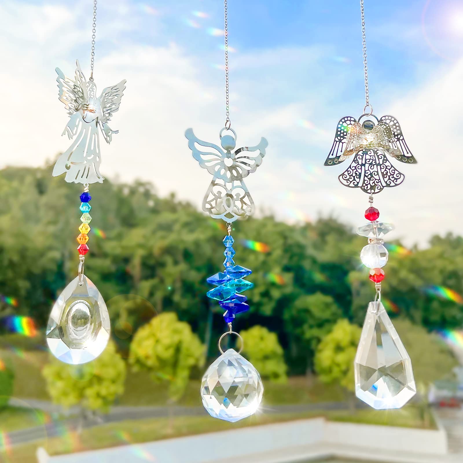 3 Pieces Crystal Suncatchers - Angel Sun Catchers for Windows, Glass Heart Prism Sun Catcher with Chain Pendant Hanging Decor for Lamps Light Home Window Garden Curtain Office Car Decoration