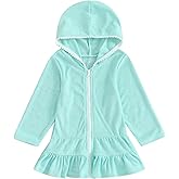 Kids Hooded Terry Swim Cover Up for Girl Swimsuit Summer Zip Ruffle Dress Long Sleeve Floral Towel Coverup Swimwear