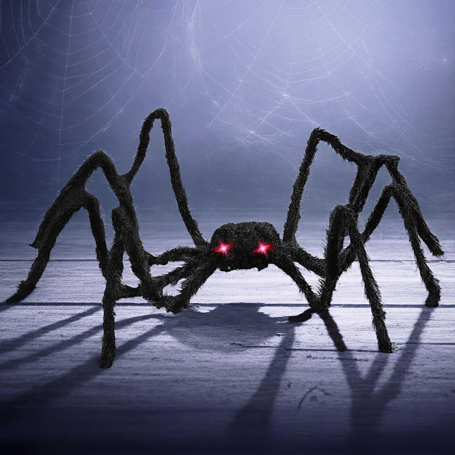 Photo 1 of PREXTEX Halloween Spider with Light Up Eyes (LED Lights) - Decorations 4 Ft Hairy Spider Prop with Giant LED Red Eyes - Halloween Decor for Indoor, Outdoor, Golf Cart, Wall - Door Hanger