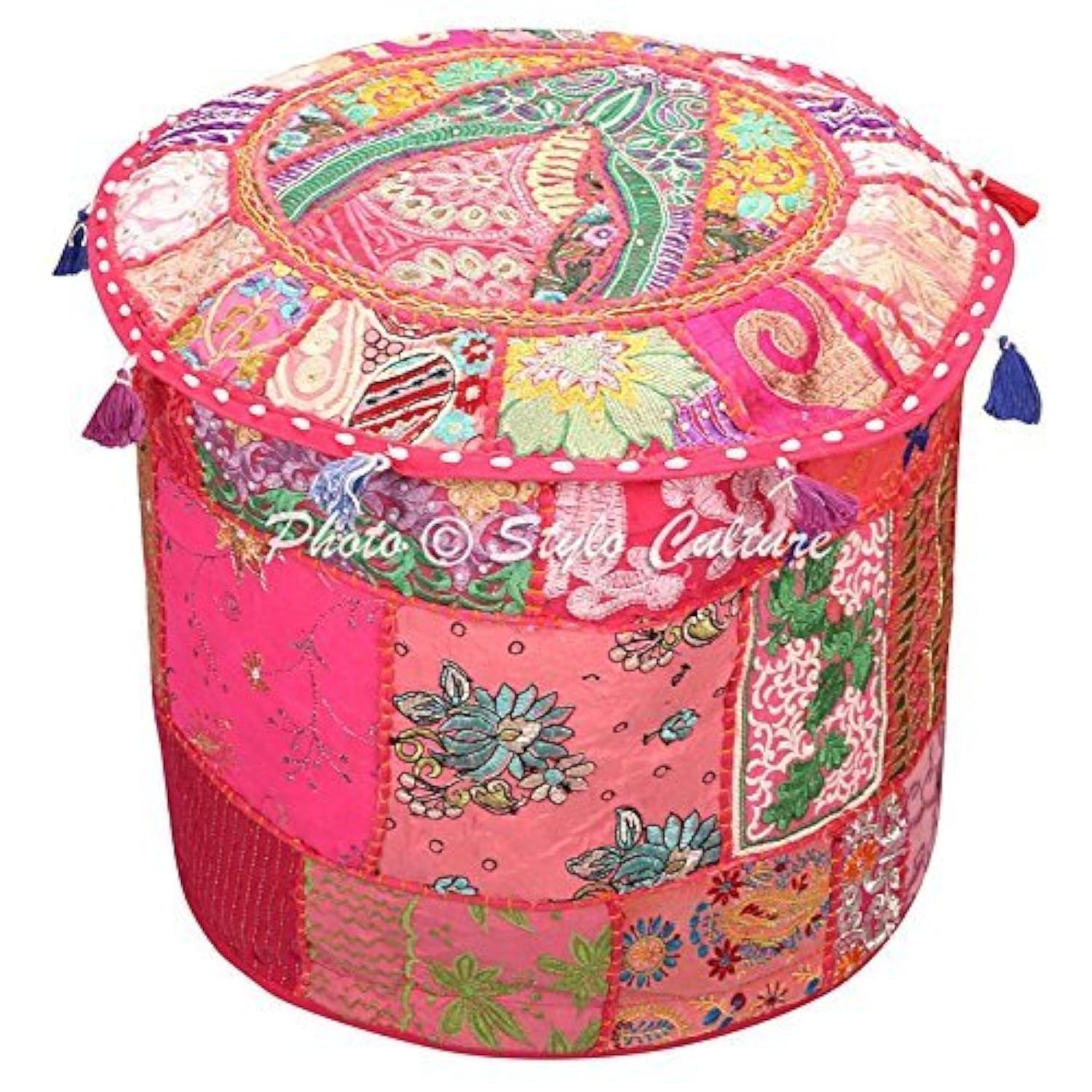 Stylo Culture Ottoman Pouffe Footstool Vintage Large Cover Pink Indian Embroidered Patchwork Cotton Traditional Round Fabric Pouf Ottoman Cover (22x22x13 Inch) 55cm (COVER ONLY)