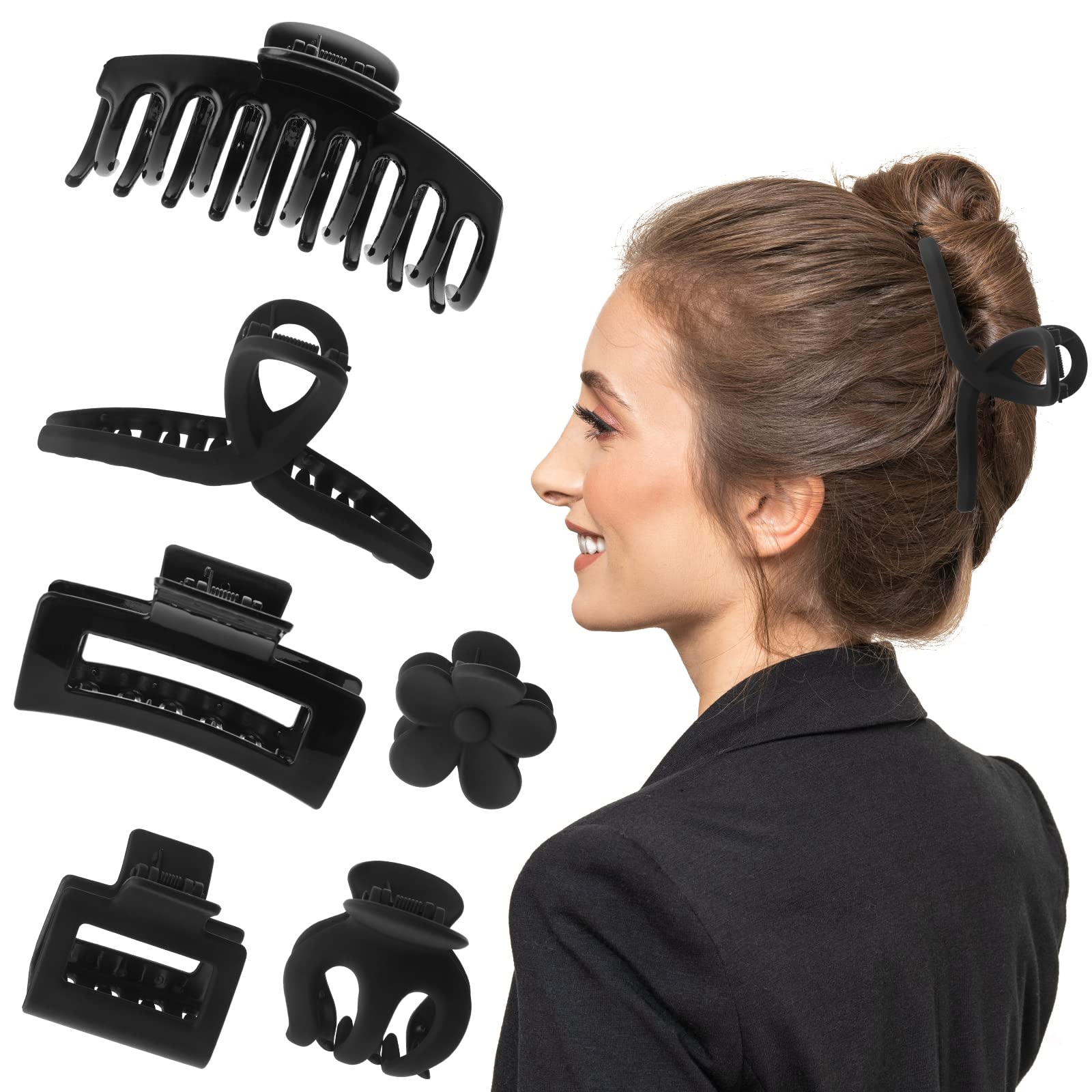 Lusofie 6PCS Matte Black Hair Clips for Thick Hair - Non Slip Gentle Hold Hair Claws for Women & Teens (Floral Everyday Hair Accessories UK) - No Damage Grips