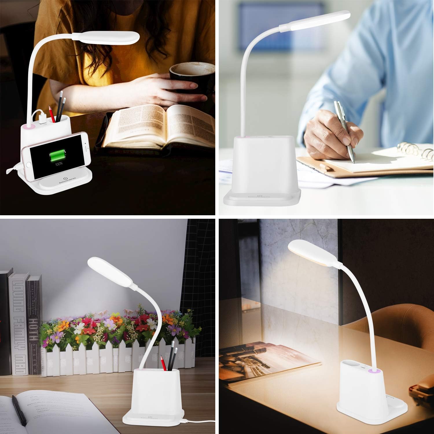 LED Desk Lamp, NovoLido Rechargeable Desk Lamp with USB Charging Port & Pen Holder, 2 Color Modes & Stepless Dimming, 360° Flexible Metal Hose, Mini Cute Lamp for College Dorm Bedroom Reading (White) - - 