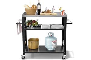 Nessxa Outdoor Grill Cart with Three-Shelf, Stainless Steel Pizza Oven Table for Outside, Dining Kitchen Cart with Two Side Handle, Garden Patio BBQ Kitchen Food Prep Table Cart (Black)
