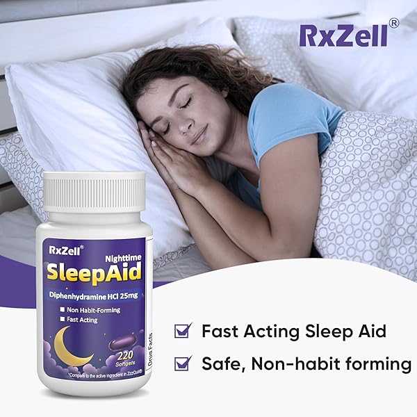 RXZELL SLEEP AID, DIPHENHYDRAMINE HCL 25MG, 220 SOFTGELS – FALL ASLEEP FASTER, DEEPER RESTFUL SLEEPING, NON HABIT-FORMING