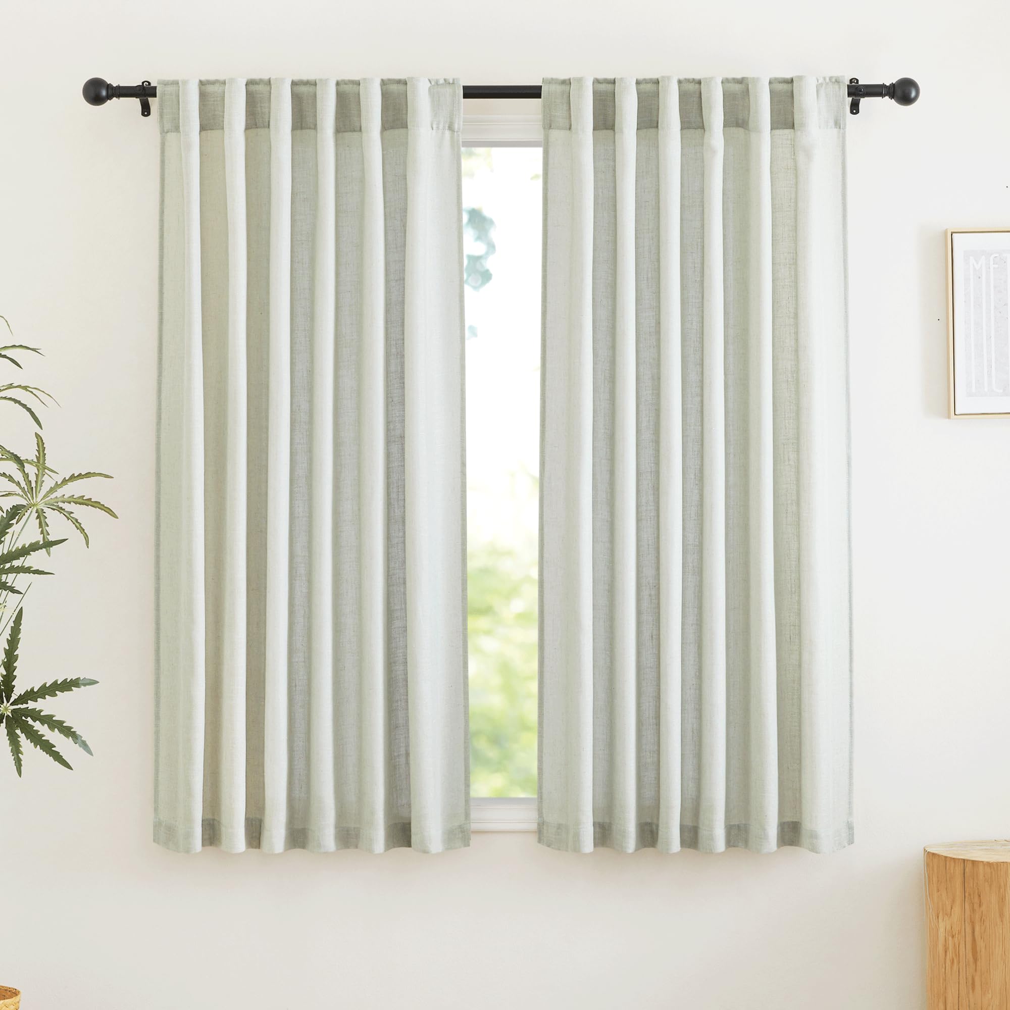 RYB HOME Linen Sheer Curtains for Window Treatments, Light Filtering Privacy Modern Flax Linen Texture Drapes for Dining Room Home Office Bedroom, W 70 x L 84 inches, Sage Green, 2 Panels Image