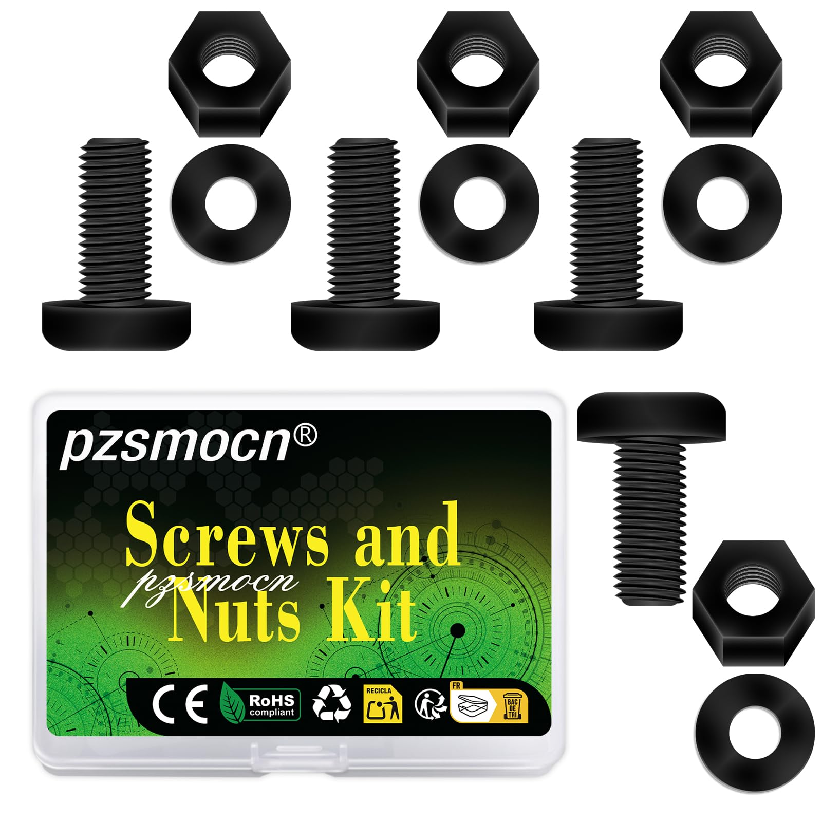 Pzsmocn 150 Pieces/50 Sets M5*12 mm Plastic Black Nylon Cross Round Head Screw Hexagonal Nut Combination Kit, with Insulating Washers, Standard Size, For DIY and Electronic Assembly.