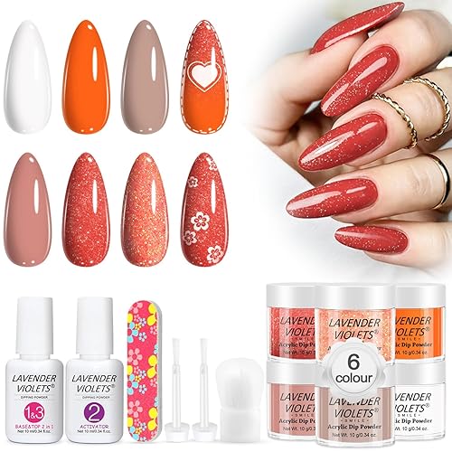 Lavender Violets 12 Pcs Dip Powder Nail Kit Skin Nude White Red Shimmer Orange Colours Dipping Powder Liquid Set with 2in1 Base & Top Coat Activator for French Nail Art Manicure M212