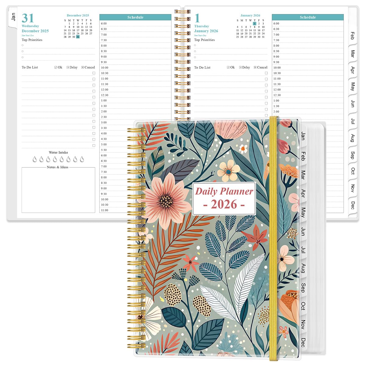Photo 1 of 2026 Daily & Monthly Planner - One Page Per Day, Daily Planner from January 2026 - December 2026, Planner 2026 with 12 Monthly Tabs, 8.5" x 11", Flower-B