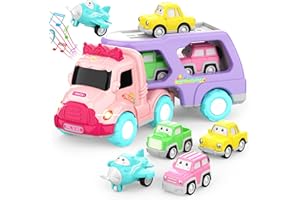 LASCOTON Toys for 1 2 3 Year Old Girl, 5-in-1 Carrier Truck for Toddler Girl, Friction Power Toy Cars with Light & Sound, Birthday Gifts, Pink