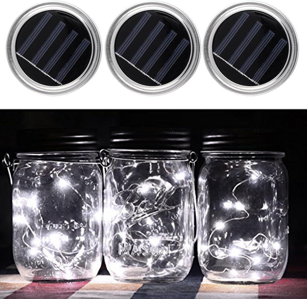 Mason Jar Solar Lids, OUTOS 3 Pcs Solar Mason Jar Lids With LED Light Beads for Glass Mason Jar,Garden,Courtyard, Wedding, Party, Kids Room,Bar,Cafe Light Decorations (Nature White)