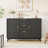 47.2" W Storage Cabinet with 3 Drawers, Fluted Buffet Cabinet with Storage | Large Sideboard with 2 Doors, Modern Mid Century TV Stand Coffee Bar Cabinets for Living Room, Kitchen, Entryway, Black