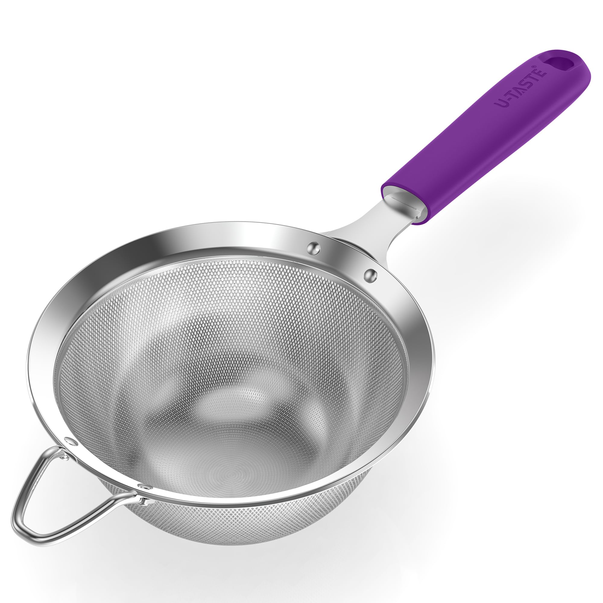 U-Taste Medium Fine Mesh Sieve: 18/8 Stainless Steel 12cm Kitchen Sieve and Strainer with Riveted Sturdy Silicone Handle, Great for Sifting Flour, Straining Tea, Rice, Quinoa (Purple)