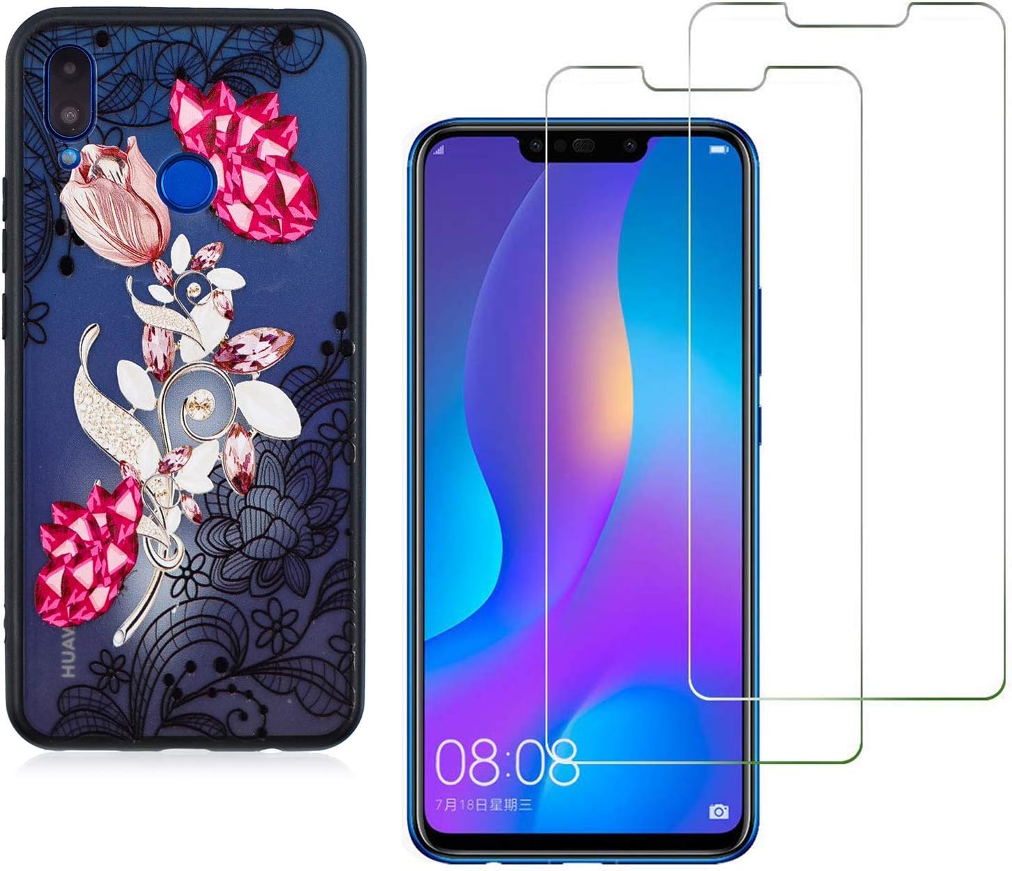 YKTO Screen Protector + Case for Huawei P Smart Plus/Huawei Nova 3i 2018 6.3 inch Premium Shockproof Ultra Fit Back Cover 3D Relief Printing Pattern Shell and 2 Tempered Glass Crystal flower